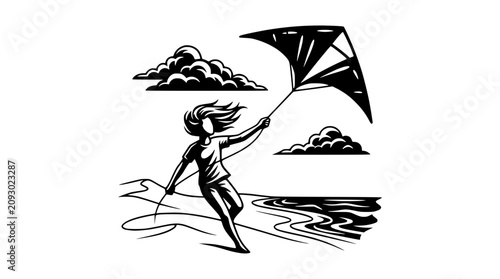 Bild auf Leinwand Girl Flying Kite on Windy Beach with Clouds