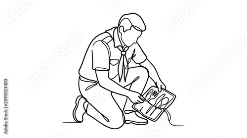 Scout boy kneeling, preparing cutlery from a tin for outdoor meal, continuous line drawing