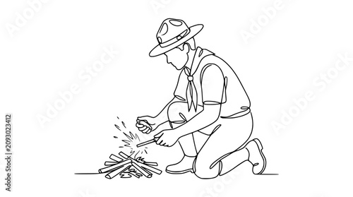 Scout Boy Lighting Campfire, One Line Drawing