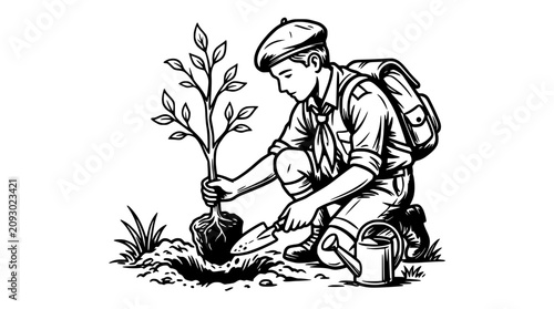 Young Scout Planting a Sapling Tree, Environmental Conservation Effort, Outdoor Activity