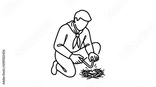 Scout Boy Ignites Fire with Flint and Steel, Outdoor Survival Skill Illustration