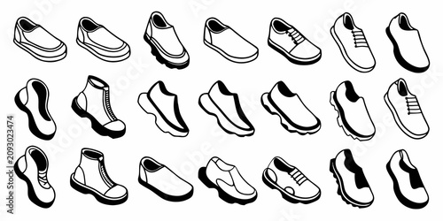 Bild auf Leinwand diverse shoe and footwear icon set displayed on white background sneaker boot lo