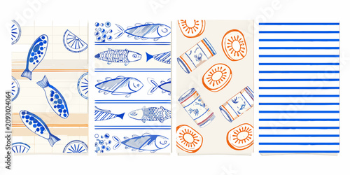 sardine and seafood illustration set retro style fish canned food pattern stripes orange blue white background vector