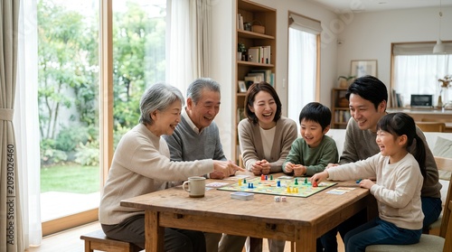 明るいリビングでボードゲームを楽しむ三世代家族の笑顔