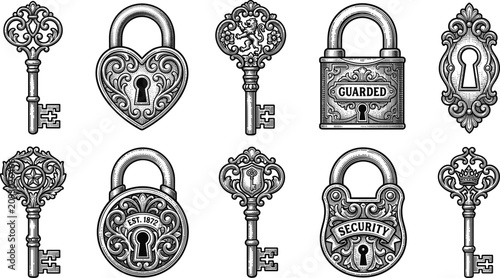 Vintage Antique Keys and Padlocks Vector Set Featuring Ornate Filigree Elements Keyholes and Heart Shaped Locks for Secret and Decorative Security Graphic Designs