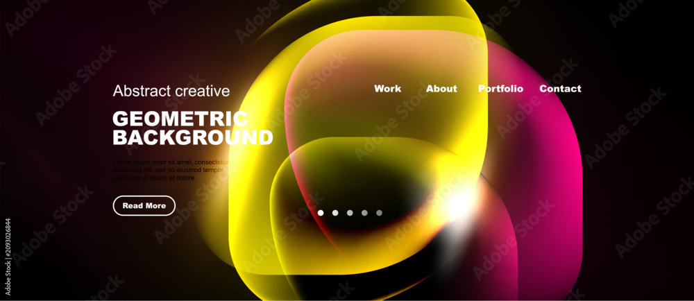 Naklejka premium Dynamic abstract design. Vibrant colors blend, creating fluid shapes. Website header with navigation options present. Modern aesthetic.