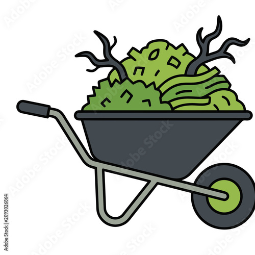 Wheelbarrow filled with green waste and branches
