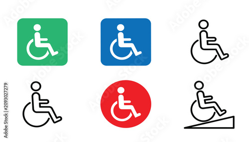 Wheelchair accessibility and handicap vector icon set. Disability, patient, medical, ramp, priority, seat, medical, clinical, public and hospital location navigation buttons.