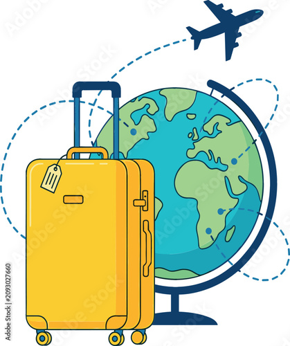 Global Travel and Vacation Vector Illustration Featuring Yellow Suitcase Airplane and Earth Globe for Worldwide Tourism Graphic Designs