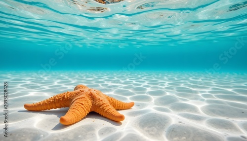 Orange Starfish on White Sandy Beach with Blue Water
