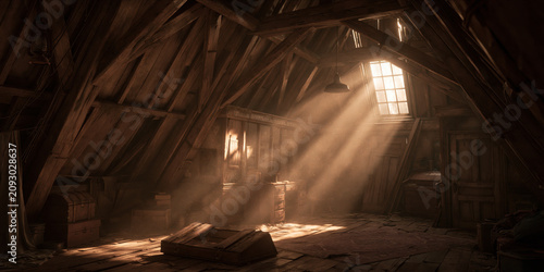 Sunlight streaming through an attic window illuminating wooden beams