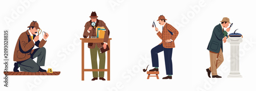 Set of four classic detective characters investigating clues with magnifying glasses in various poses, isolated on a white background.