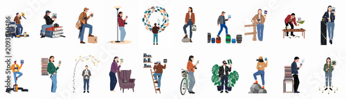 Cuadro en lienzo Large collection of diverse photographers and photo enthusiasts in various creative poses, holding cameras and printed photographs, flat vector illustration set