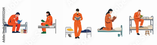 Schilderij op canvas Flat illustration set of prisoners in orange jumpsuits reading books on their beds, highlighting educational opportunities and personal growth within a correctional facility