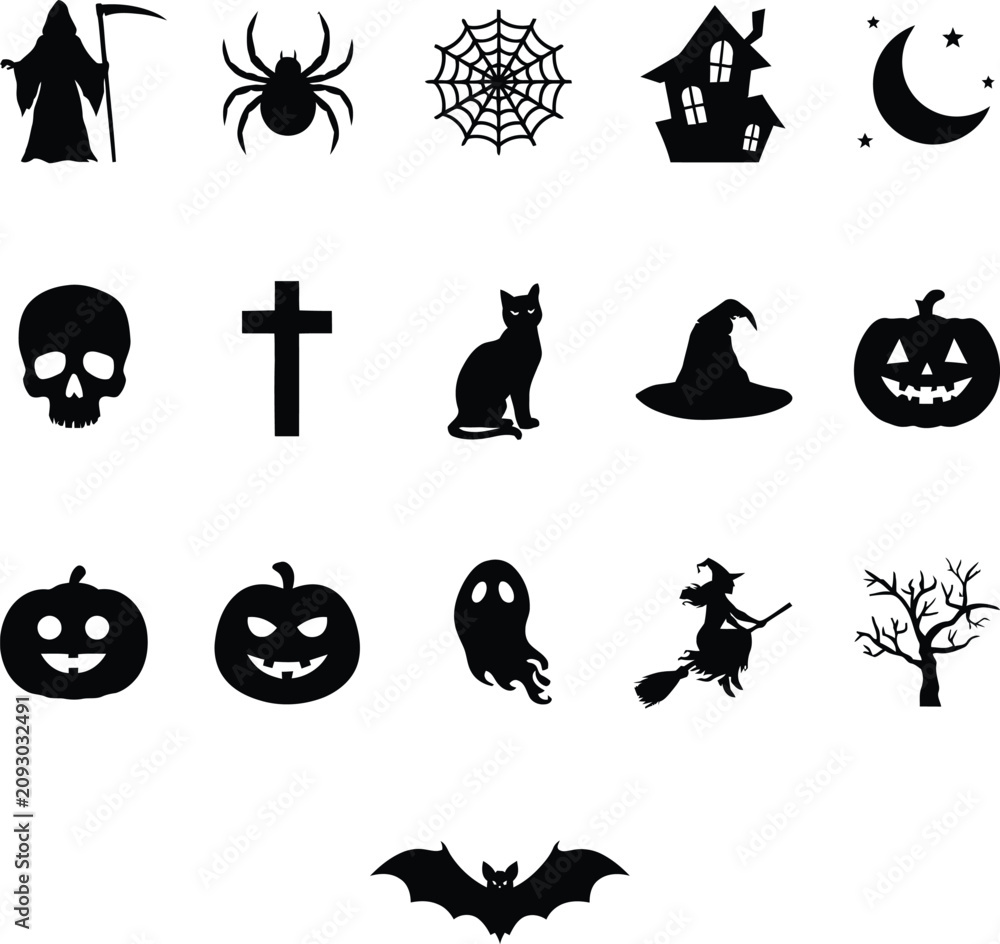 Fototapeta premium Halloween silhouette icons set including grim reaper, spider, haunted house and pumpkins