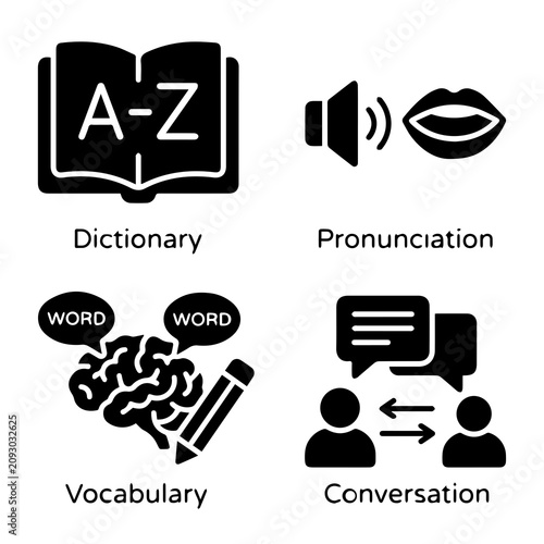 Εκτύπωση καμβά Linguistics and language learning icons set with language linguistics learning