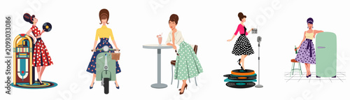 Bild auf Leinwand A collection of five retro 1950s style illustrations featuring elegant women in vintage fashion with classic items like jukeboxes, scooters, and vinyl records