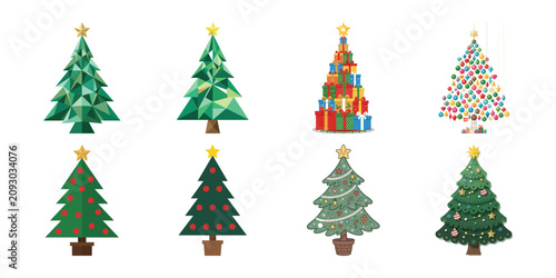 A collection of small, uniquely decorated Christmas trees with ornaments and lights on a white background.