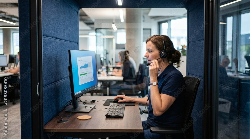 Fototapeta premium Female support agent with headset working in acoustic office booth, assisting clients in modern workplace.