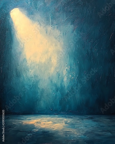 Spotlight on Mystery: A solitary beam of warm light pierces the moody, textured blue backdrop, illuminating a patch on the floor, evoking a sense of mystery and anticipation.