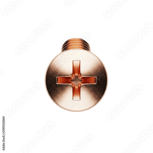 Ultra-detailed extreme macro of a pristine, highly polished copper flat head machine screw, centered on a transparent backdrop. concept of industrial precision and quality