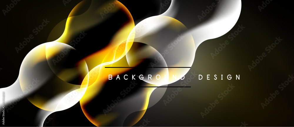 Naklejka premium Abstract flowing shapes, gold, white, black. Dynamic curves create modern background design. Light effects add depth, elegance.
