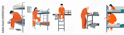 Obraz na płótnie Flat vector illustration set of diverse male and female prisoners in orange jump