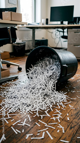 Shredded documents spilling out of the office trash can