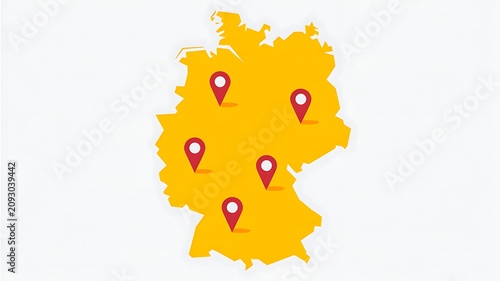 Germany map, yellow, location pins, travel, tourism, destinations, European map