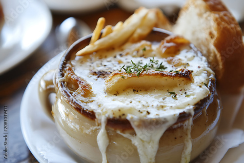 Delicious French onion soup topped with melted cheese and crispy golden croutons.