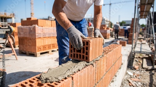 Картината върху платно Man in gloves laying bricks on construction site with wall under construction gl