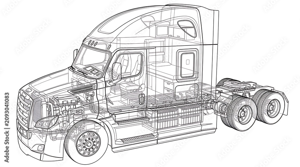 Fototapeta premium Technical wireframe of a heavy duty semi truck tractor