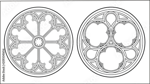 Medieval rose window patterns, decorative Gothic architecture vector line art collection