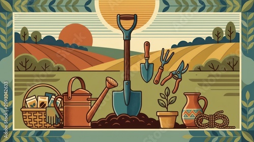 Vintage Style Illustration of Gardening Tools and Equipment on a Farm Landscape.