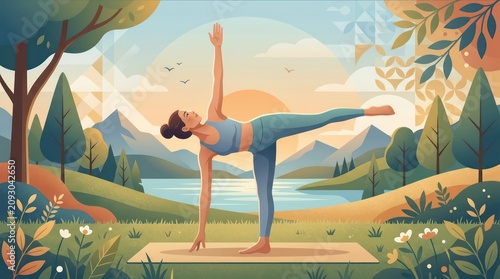 Woman practicing yoga half moon pose in a scenic mountain landscape illustration.
