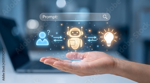 Artificial intelligence prompt engineering concept showing human to machine interaction for ideation