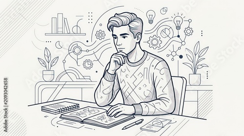 Young man studying and brainstorming ideas with creative sketches in a modern office.
