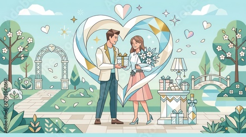 Young couple exchanging gifts in a romantic garden setting with heart shaped arch.
