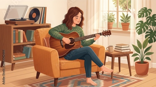 Young woman playing acoustic guitar in cozy sunlit living room illustration.