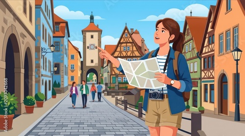 Young woman tourist exploring a historic European town with a paper map.