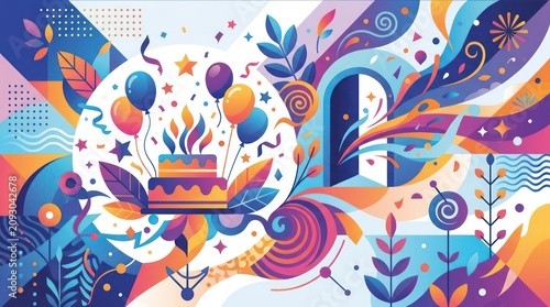 Abstract colorful birthday celebration illustration with cake and balloons.