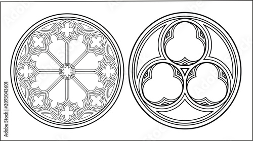 Fotografie Gothic cathedral rose windows, ornamental circular tracery vector outline illust