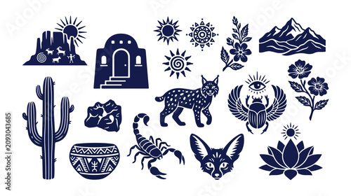 Photos Desert animal and plant vector icon set, featuring saguaro cactus, scorpion, lynx, fennec fox, and lotus flower