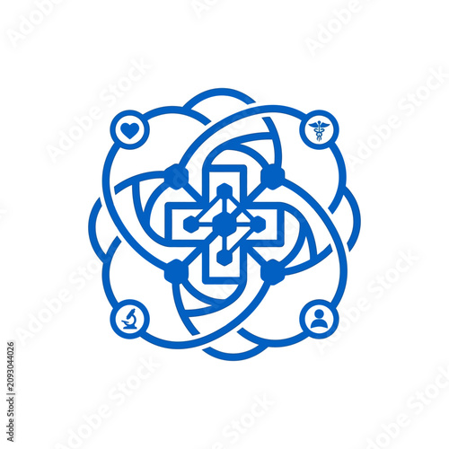 Fotografie A blue medical cross icon with interconnected scientific symbols