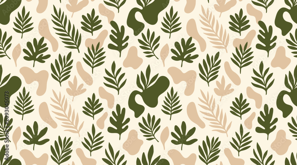 Fototapeta premium Organic botanical leaf pattern with beige and green shapes for natural textile wall design.