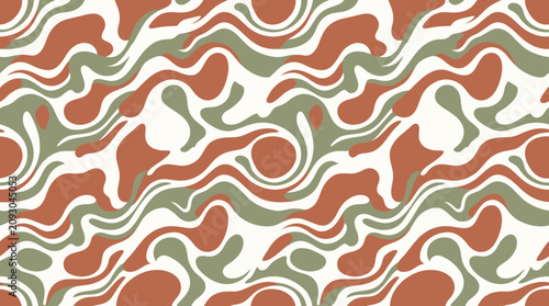 Abstract liquid wave seamless pattern with overlapping organic shapes in muted earth colors.