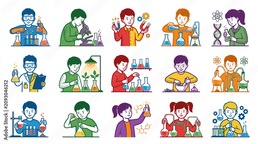 Fototapeta premium Kids Science Experiments Flat Cartoon Illustrations Set. Diverse Children Learning Chemistry and Biology in Lab.