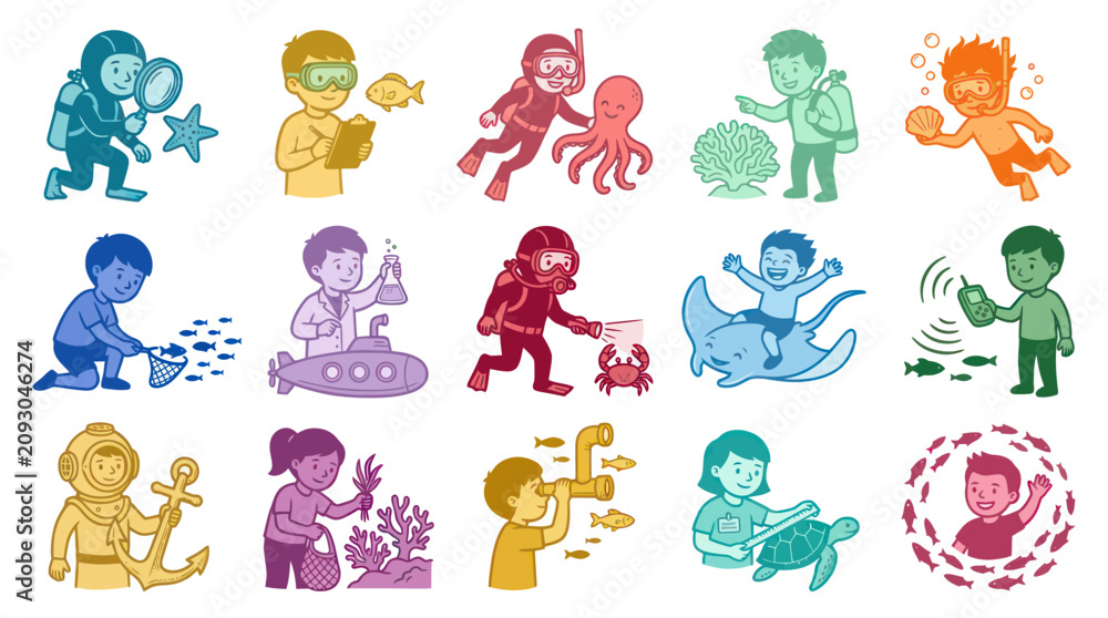 Obraz premium Children Exploring Ocean Life and Science with Fun Flat Illustrations