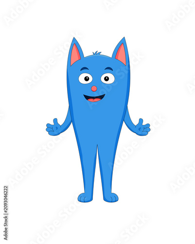 Konstfotografi Cute Blue Cartoon Cat Mascot Character Standing with Open Arms, Flat Transparent Background