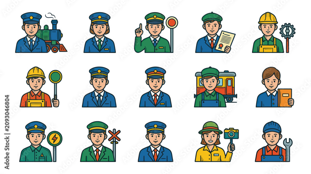 Fototapeta premium Railway and Train Workers Avatars Vector Set. Flat Outline Icons of Public Transport Staff.